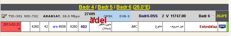جديد القمر Badr-4/5/6 @ 26° East - قناة Esteshfaa - بدون تشفير (مجانا).