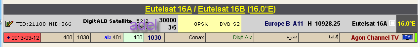 جديد القمر  Eutelsat 16A @ 16° East - قناة Agon channel TV- تعمل علي نظام الشيرينج