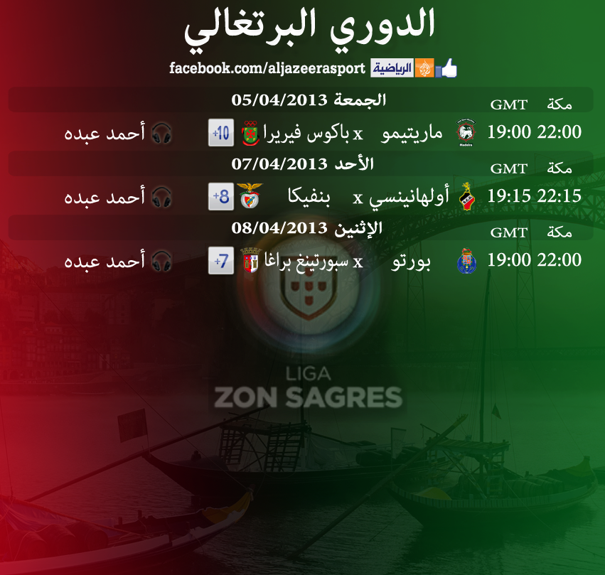 جداول القنوات الناقلة والمعلقين لأبرز الدوريات على الجزيرة الرياضية - من 5 حتى 11 أبريل 2013