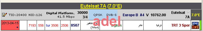 جديد القمر Eutelsat 7A @ 7° East - قناة TRT 3 Spor- بدون تشفير (مجانا)