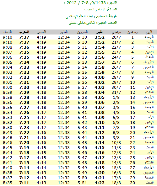 امساكية رمضان 2012 - 1433 كاملة