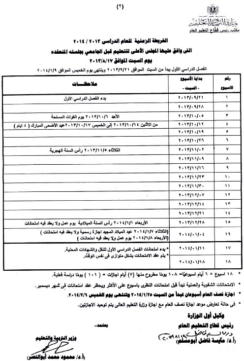 التقويم الدراسى لعام 2013/2014 فى مصر