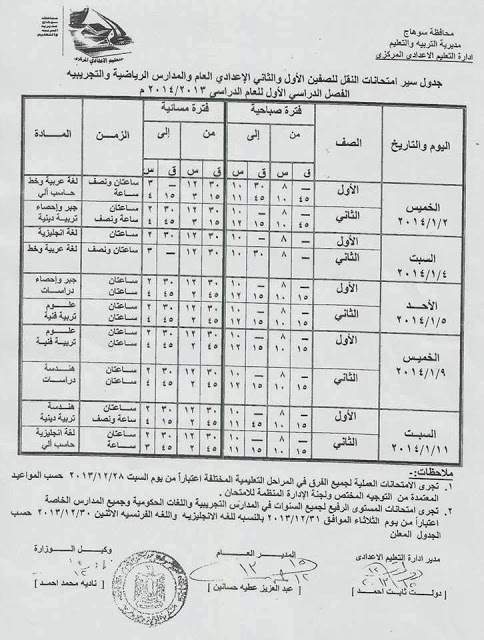 جدول امتحانات نصف السنة في محافظة سوهاج 2014 الشهادة الاعدادية