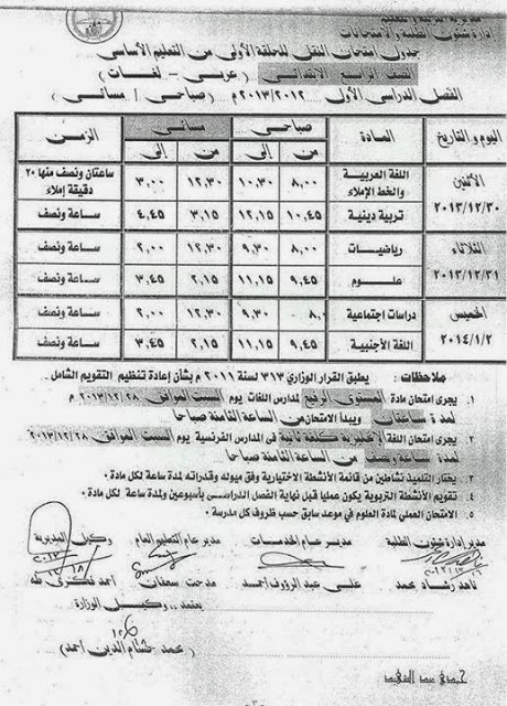 جداول امتحانات نصف العام في محافظة الدقهلية لجميع المراحل التعليمية 2014