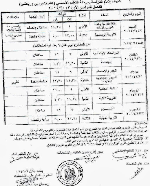 جداول امتحانات نصف العام في محافظة بنى سويف لجميع المراحل التعليمية 2014