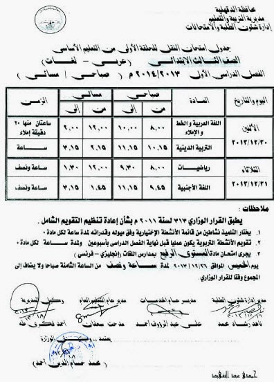 مواعيد وجداول امتحانات الفصل الاول في محافظة الدقهلية 2014 المرحلة الابتدائية