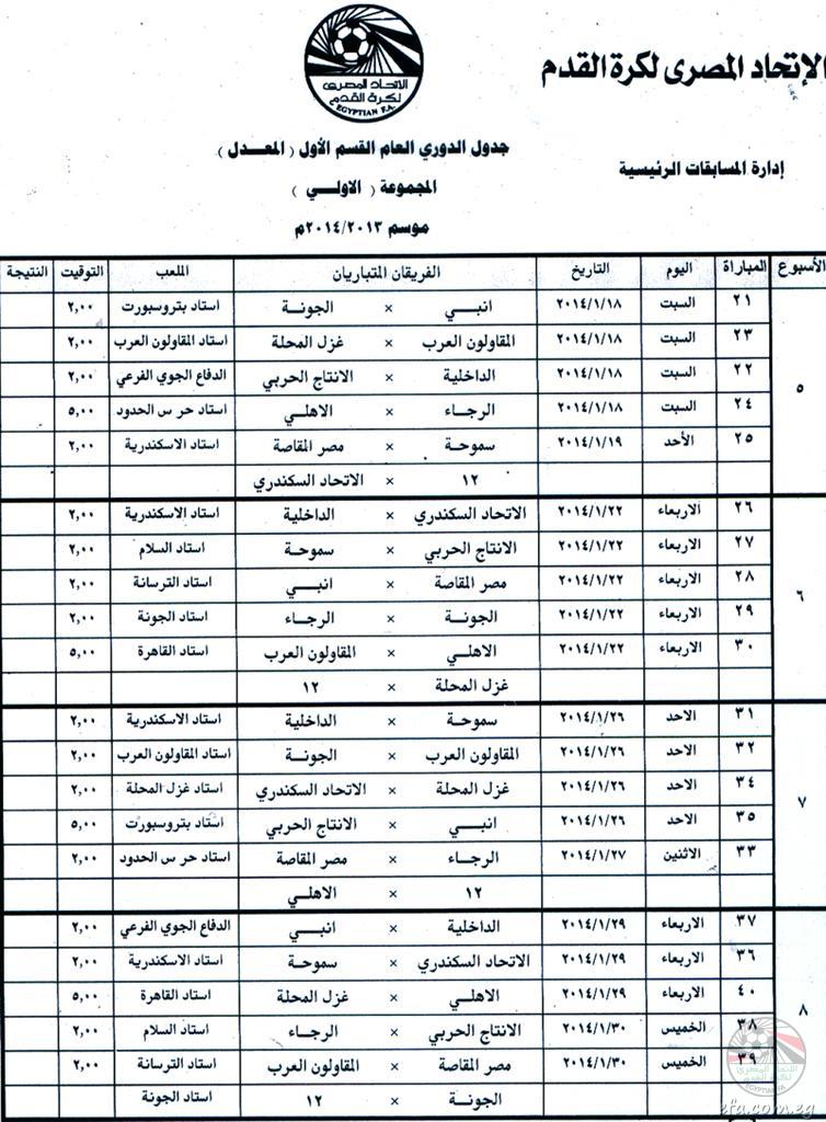 مواعيد وجدول مباريات الدوري المصري بعد التعديل يناير 2014