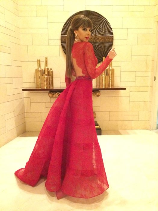 صور ميريام فارس بفستان أحمر مكشوف الظهر من حفلة في الكويت 2014