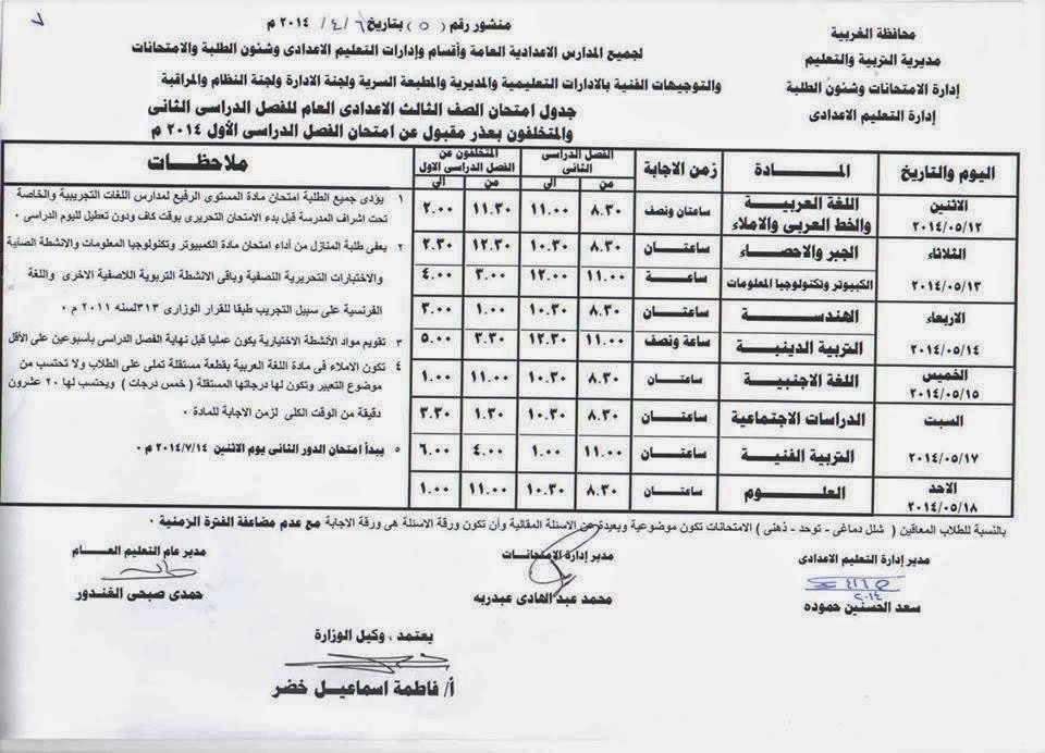 جدول امتحانات الثالث الإعدادي الفصل الثاني في الغربية 2014