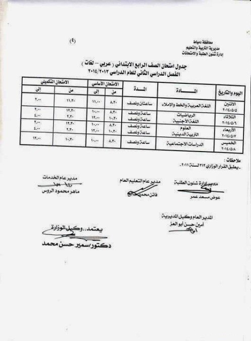 جدول امتحانات الصف الرابع الابتدائي اخر السنة في محافظة دمياط 2014