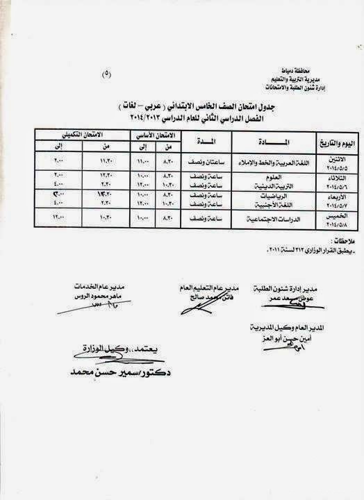 جدول امتحانات الصف الخامس الابتدائي اخر السنة في محافظة دمياط 2014
