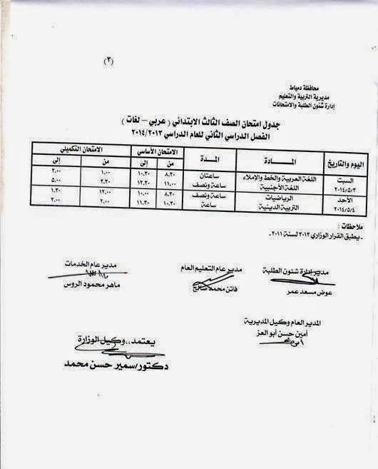 جدول امتحانات الصف الثالث الابتدائي اخر السنة في محافظة دمياط 2014