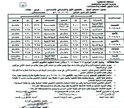جدول امتحانات الصف الأول والثاني الإعدادي اخر السنة في محافظة الدقهلية 2014