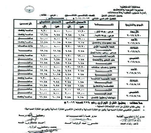 جدول امتحانات الصف الثاني الثانوي اخر السنة في محافظة الدقهلية 2014