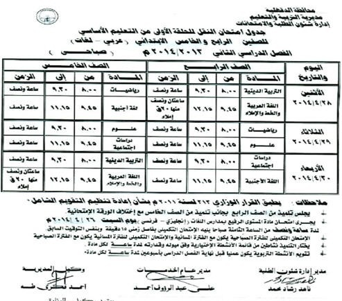 جدول امتحانات الصف الرابع والخامس الابتدائي اخر السنة في محافظة الدقهلية 2014