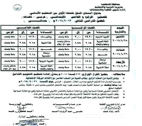 جدول امتحانات الصف الرابع والخامس الابتدائي اخر السنة في محافظة الدقهلية 2014