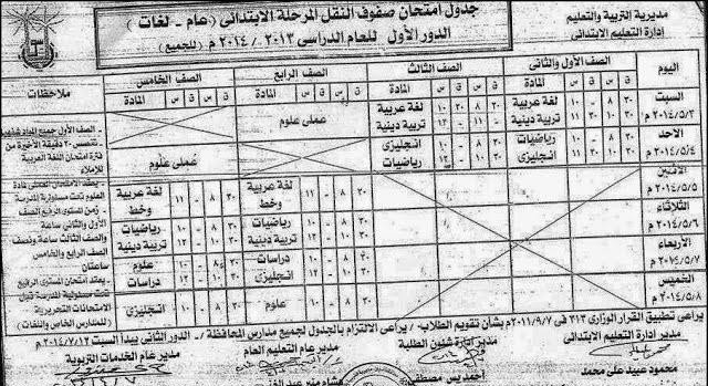 جدول امتحانات الصف الثاني وحتى الخامس الابتدائي اخر السنة في محافظة أسوان 2014