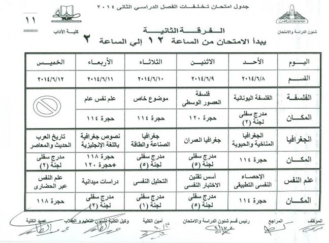 جدول امتحانات التخلفات في كلية الاداب بجامعة عين شمس الفصل الثاني 2014