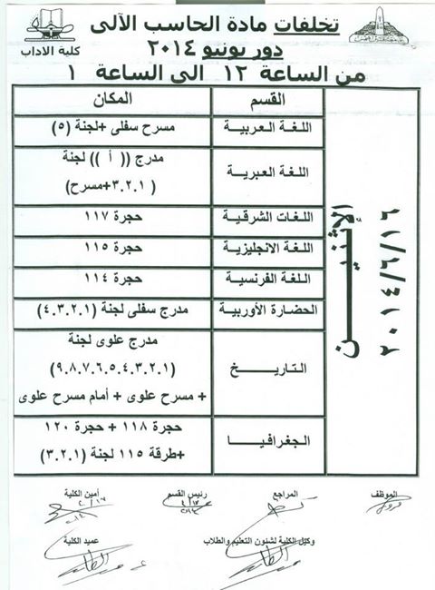 جدول امتحانات التخلفات في كلية الاداب بجامعة عين شمس الفصل الثاني 2014