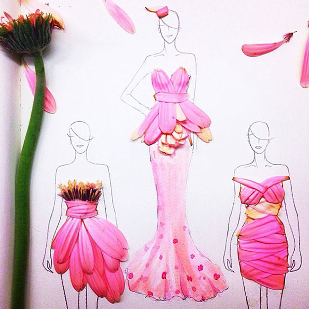 بالصور فتاة من سنغافورة تصمم أروع الفساتين باستخدام أوراق وبتلات الزهور