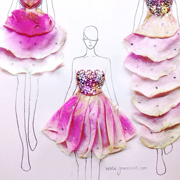بالصور فتاة من سنغافورة تصمم أروع الفساتين باستخدام أوراق وبتلات الزهور