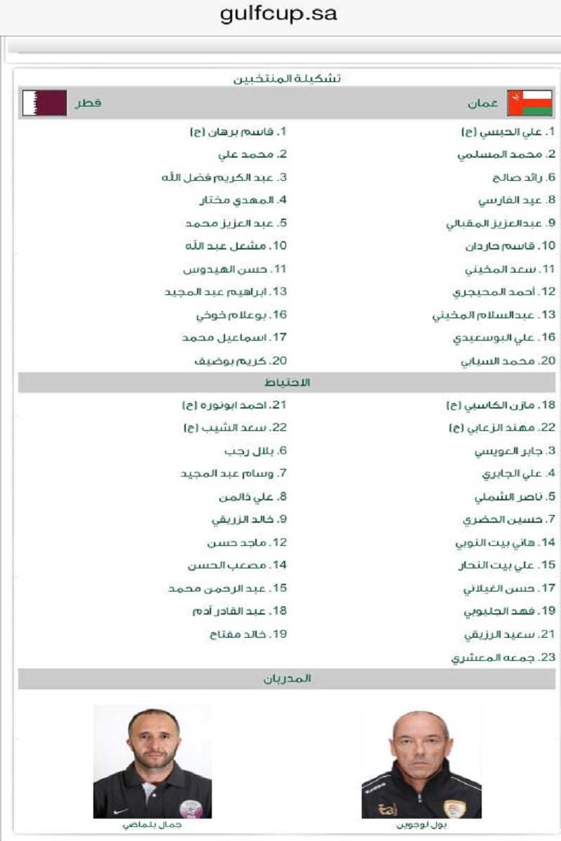 تشكيلة مباراة عُمان وقطر في خليجي 22 اليوم الاحد 23-11-2014