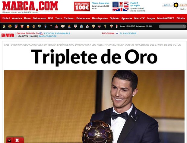 بالصور تعليق الصحف العالمية على تتويج كرستيانو رونالدو بجائزة الكرة الذهبية 2014