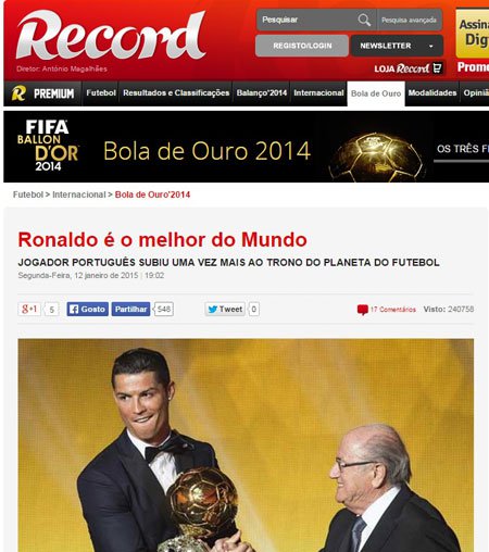 بالصور تعليق الصحف العالمية على تتويج كرستيانو رونالدو بجائزة الكرة الذهبية 2014