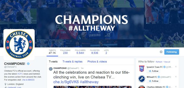 بالصور صفحة تشيلسى على تويتر تحتفل بلقب الدوري الانجليزي 2015