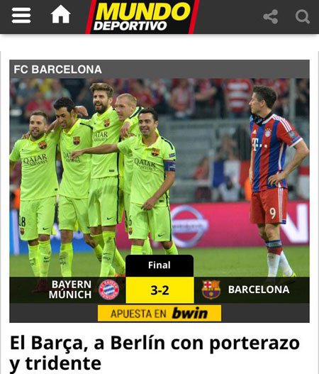 بالصور عناوين الصحف العالمية بعد مباراة برشلونة وبايرن ميونخ اليوم 12-5-2015