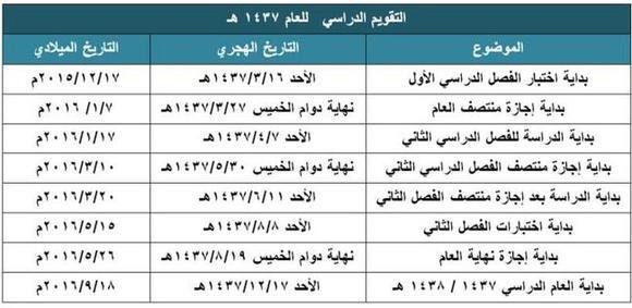 بالصور جدول التقويم الدراسي في السعودية 2015/2016