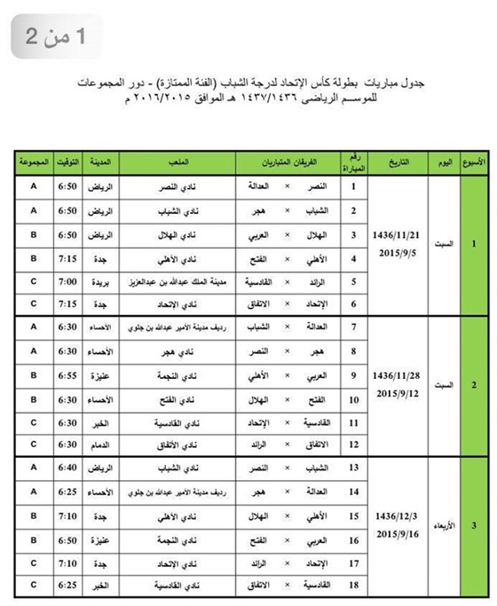 جدول مباريات كأس الاتحاد السعودي للشباب 2015 pdf
