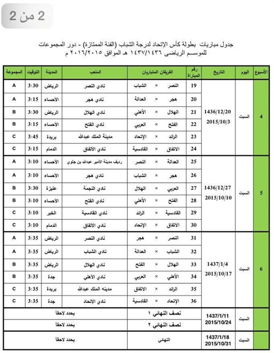 جدول مباريات كأس الاتحاد السعودي للشباب 2015 pdf
