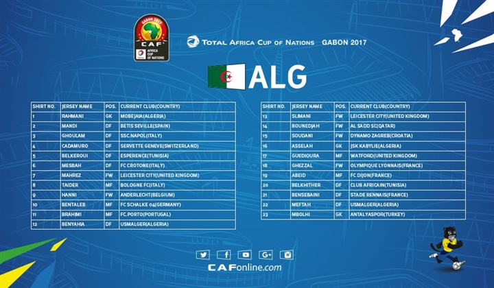رسميا تشكيلة منتخب الجزائر في أمم أفريقيا 2017 , بالاسم قائمة المنتخب الجزائري في أمم أفريقيا 2017