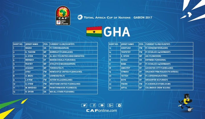 رسميا تشكيلة منتخب غانا في أمم أفريقيا 2017 , بالاسم قائمة منتخب غانا في أمم أفريقيا 2017