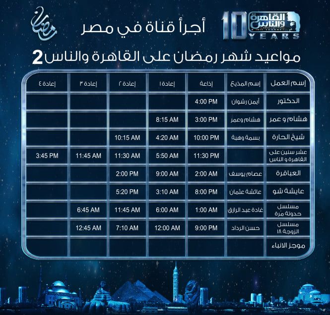 موعد وتوقيت عرض مسلسلات رمضان على قناة القاهره والناس 2 2019