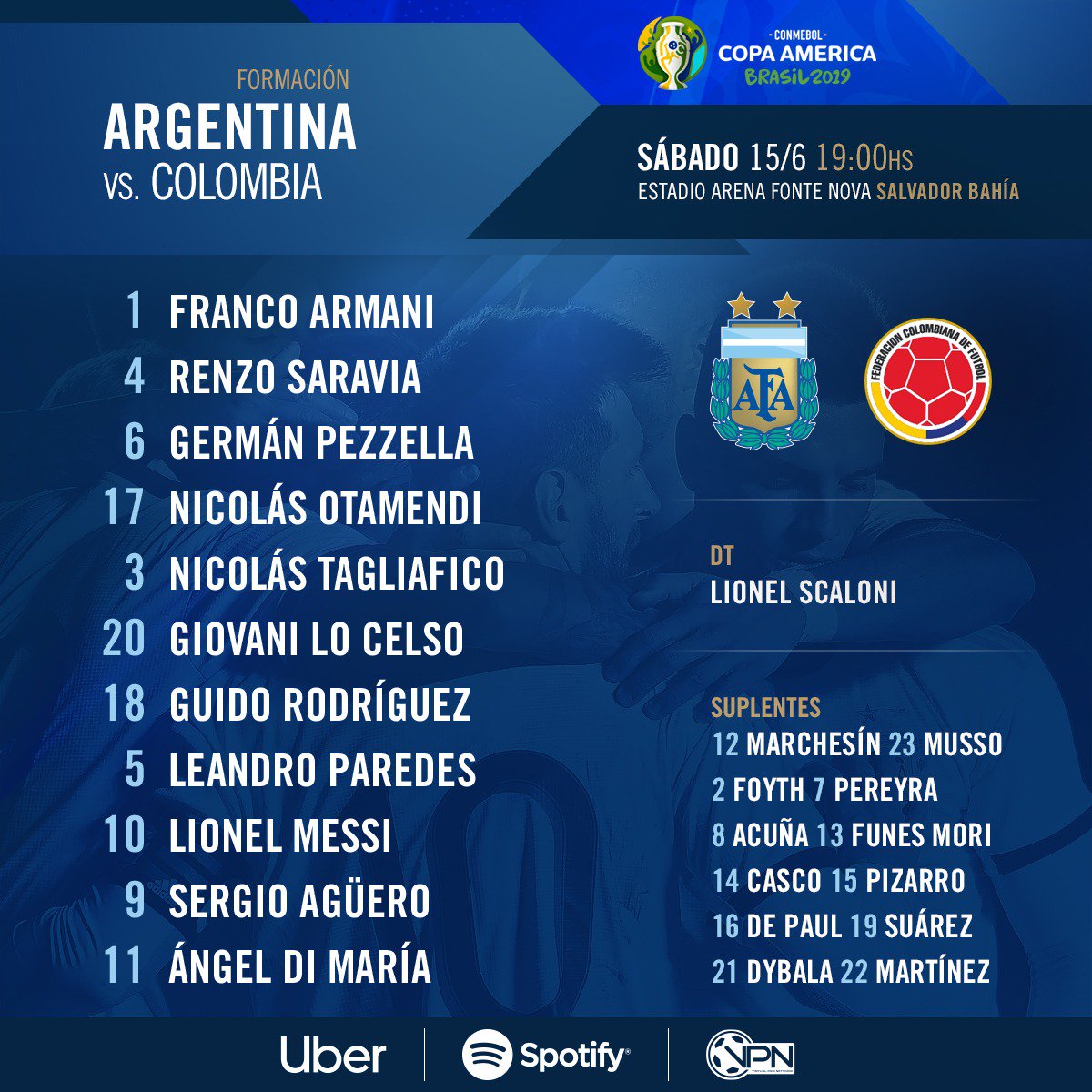 تشكيلة مباراة الأرجنتين وكولومبيا كوبا أمريكا 2019 #الارجنتين_كولومبيا