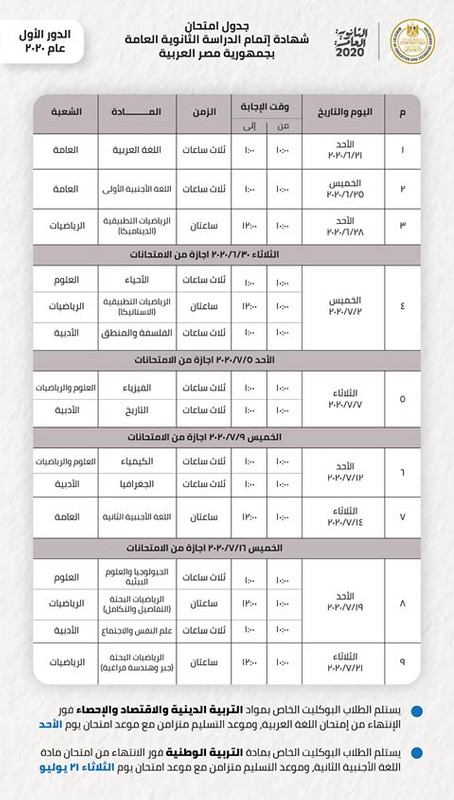 جدول امتحانات الثانوية العامة في مصر 2020 المعدل