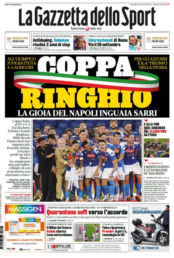 عناوين الصحف الرياضية بعد كأس إيطاليا وثلاثية السيتي في أرسنال 2020