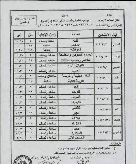 جدول ومواعيد امتحانات الصف الأول والثانى الثانوى الازهرى 2014
