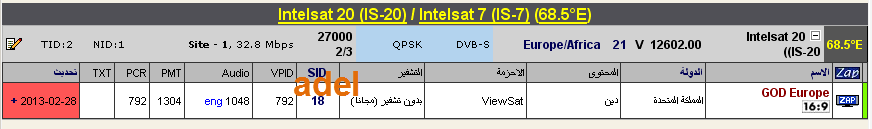 جديد القمر Intelsat 20 (IS-20) @ 68.5° East- قناة Paradise TV -قناة GOD Europe -بدون تشفير (مجانا)